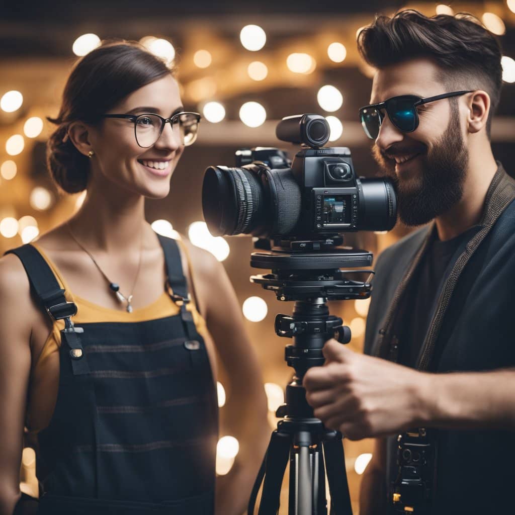 a man and woman looking at a camera