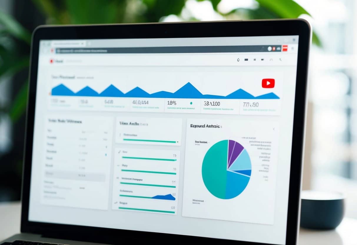 A computer screen with a YouTube video analytics dashboard, showing keyword research, tags, and engagement metrics