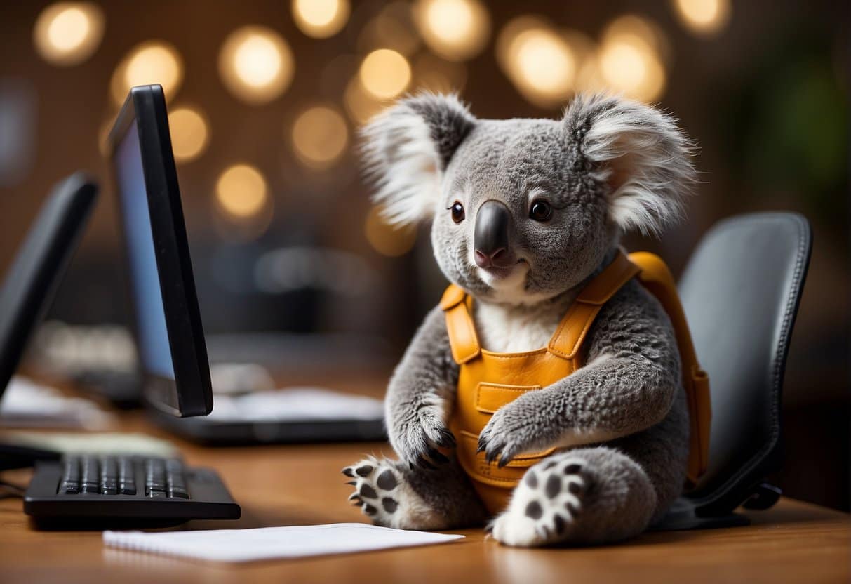 Koala Writer New Feature: Elevate Your Writing with Advanced AI Tools 4 A koala sits at a desk, typing on a computer. A thought bubble above it shows various creative ideas flowing out, symbolizing the integration of GPT-4 for writing