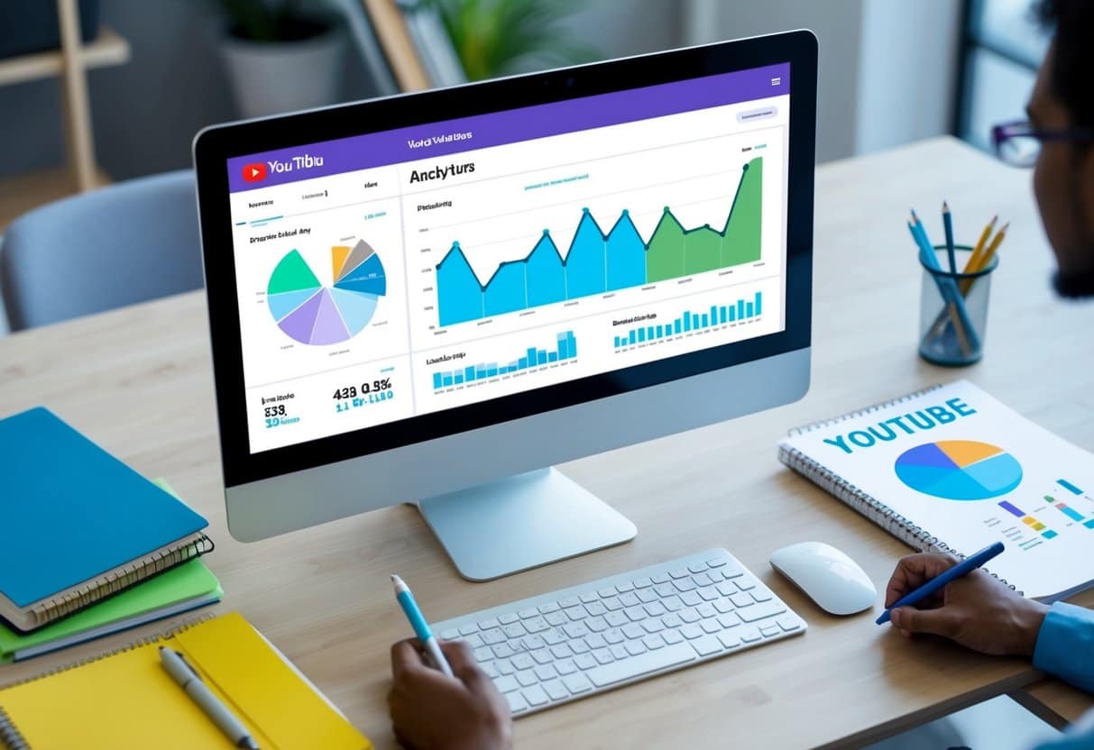 SEO for YouTube: Boost Your Video Visibility with Effective Optimization 3 A computer screen displaying a YouTube video analytics dashboard with graphs and charts, surrounded by notebooks and pens for brainstorming SEO strategies