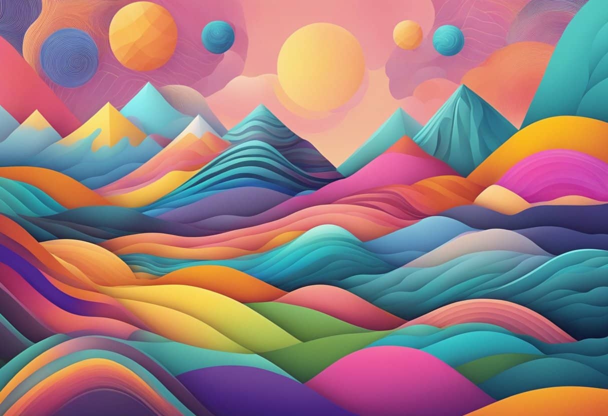 A colorful, abstract landscape with swirling patterns and geometric shapes, evoking a sense of creativity and innovation