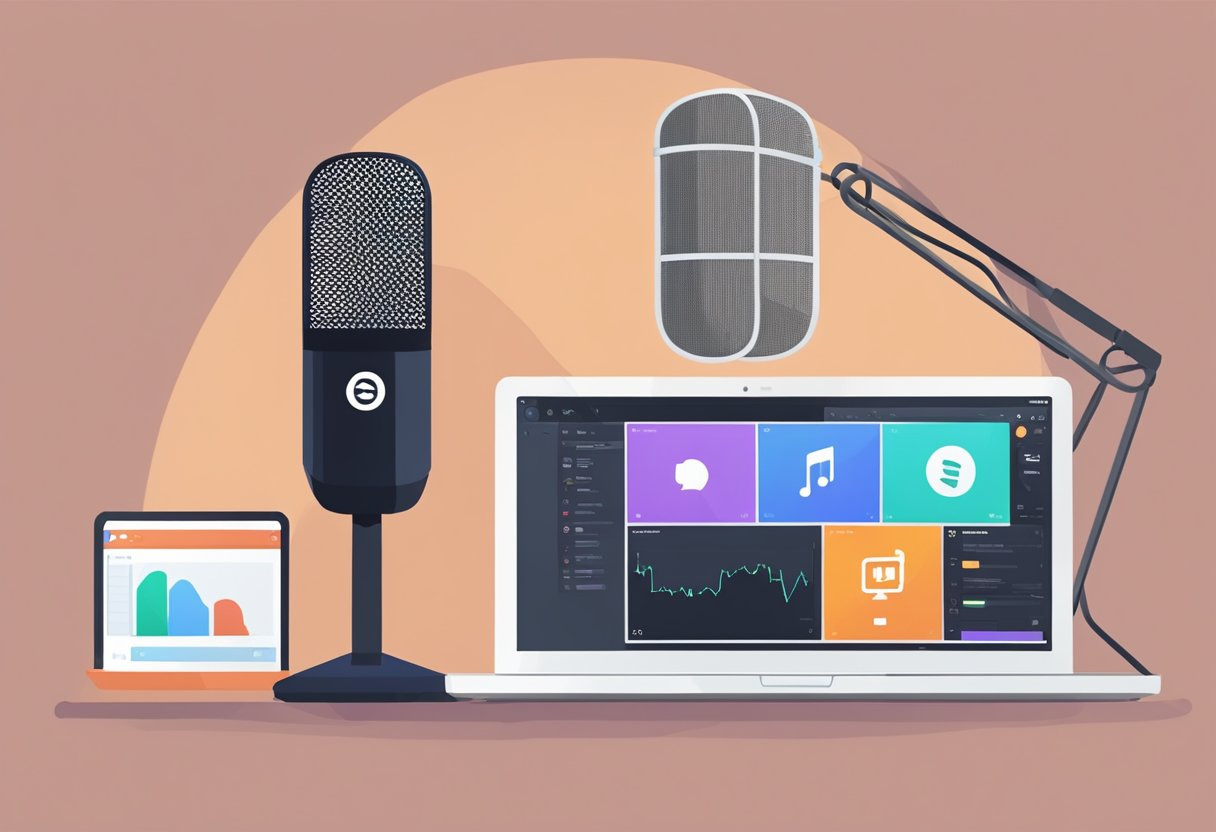 A microphone with a "podcasting" sign, a computer with a YouTube logo, and an RSS feed icon