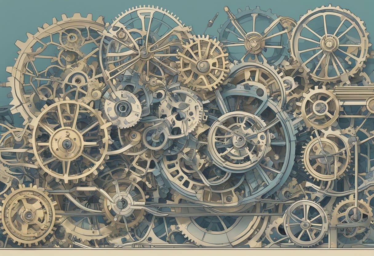 A complex network of interconnected gears and cogs, symbolizing the intricate analytical capabilities of VidIQ