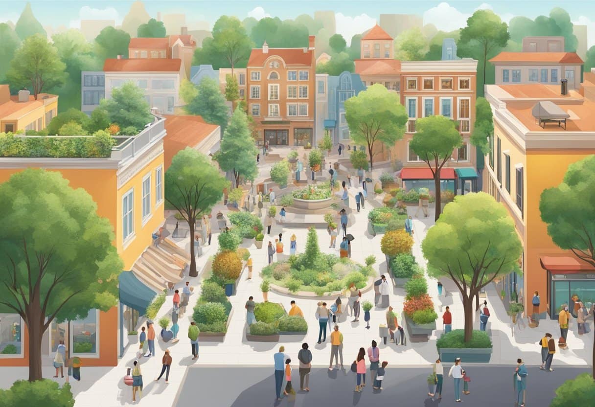 Opus AI Unveiled: The Future of Creative Artificial Intelligence 8 A bustling town square with diverse buildings, people interacting, and plants flourishing, symbolizing community and growth