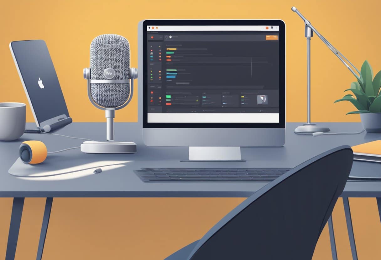 Podcasting YouTube RSS Feed: Essential Guide to Integration and Syndication 3 A microphone stands on a desk next to a laptop displaying the YouTube logo. An RSS feed icon is visible on the screen, representing the concept of podcasting