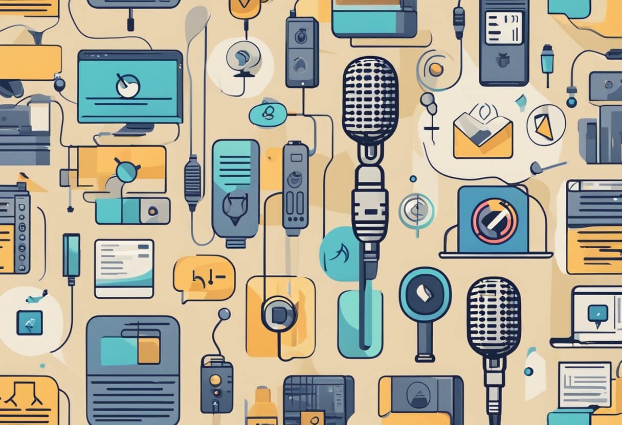 Podcasting YouTube RSS Feed: Essential Guide to Integration and Syndication 5 A microphone is surrounded by podcasting icons like YouTube, RSS, and a distribution symbol