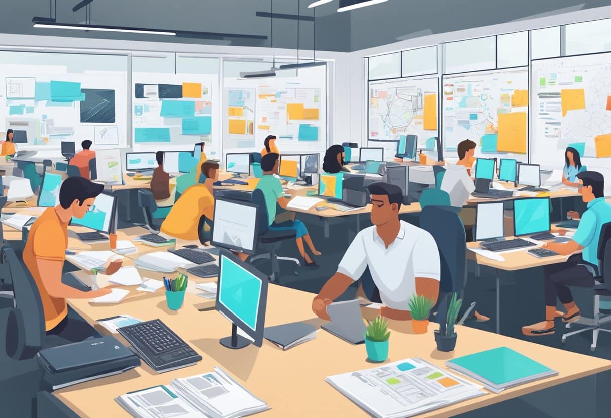 Adsense Agency: Maximizing Profits on YouTube 4 A bustling office with computers, whiteboards, and creative brainstorming. A YouTube video plays on a screen, showcasing profitable ad campaigns