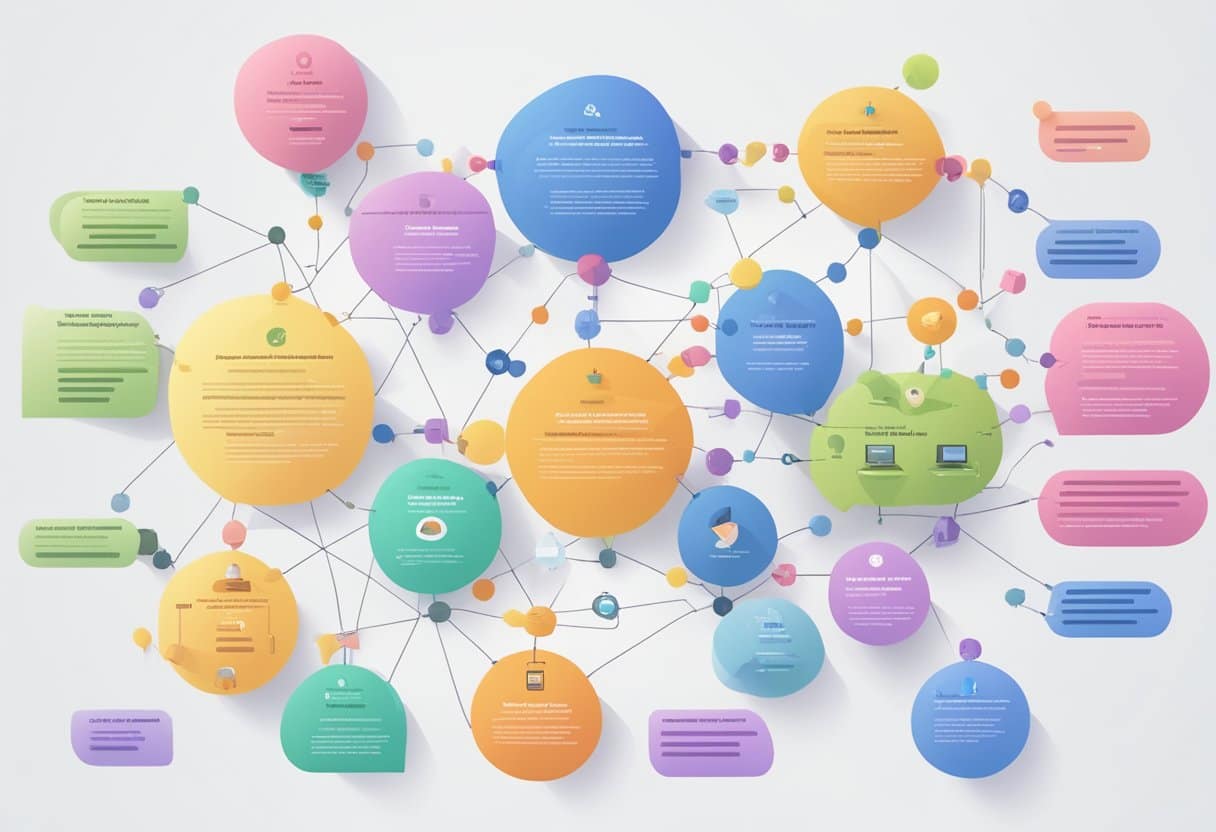Taja Ai: Revolutionizing Modern Technology in a Casual Way 7 A colorful flowchart of interconnected ideas, with Taja AI at the center, surrounded by various content strategy components