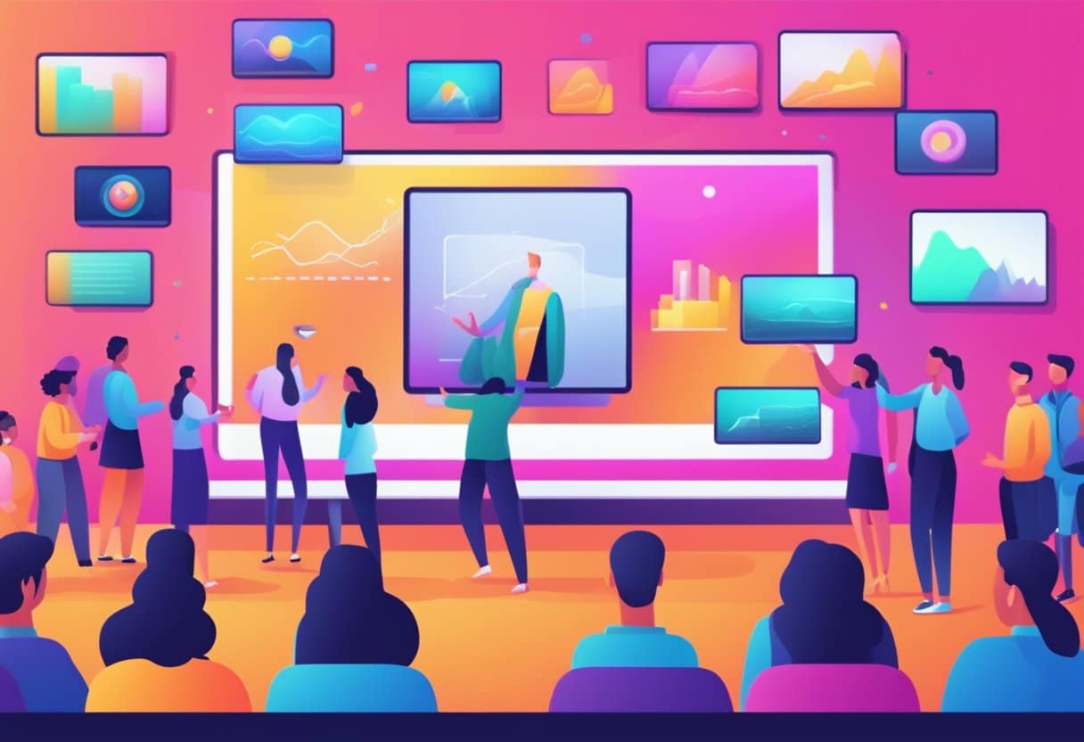 Taja Ai: Revolutionizing Modern Technology in a Casual Way 5 A vibrant digital screen displays dynamic content, surrounded by a diverse audience engaged and captivated by the visuals