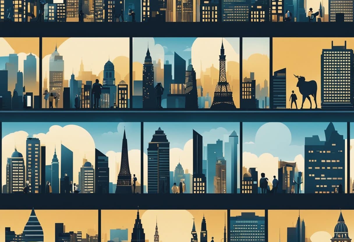 You tube and the creator economy 2 A bustling city skyline with iconic landmarks and a diverse array of people engaged in various creative and entrepreneurial activities