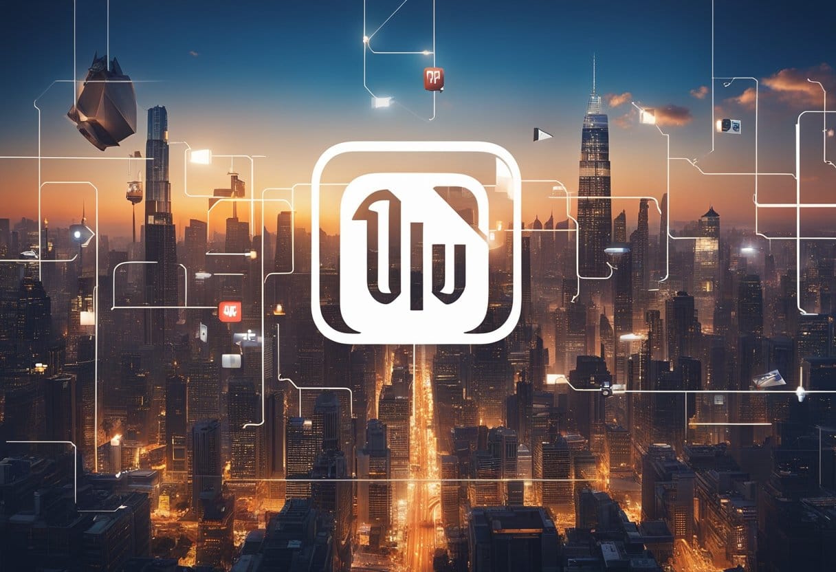 You tube and the creator economy 5 A bustling city skyline with iconic YouTube play button hovering above, surrounded by various creators' symbols and social media icons