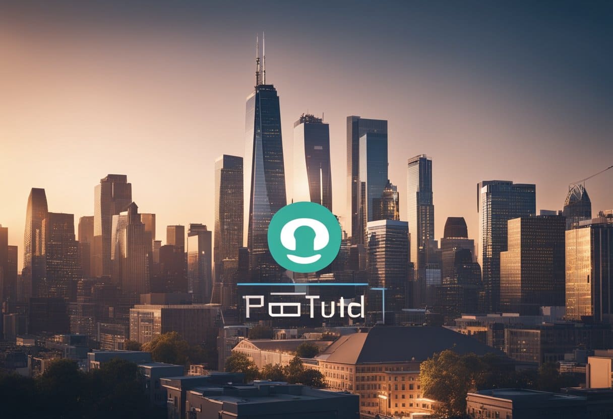 You tube and the creator economy 7 A bustling city skyline with a prominent YouTube logo in the background, surrounded by various creators filming and engaging with their audiences