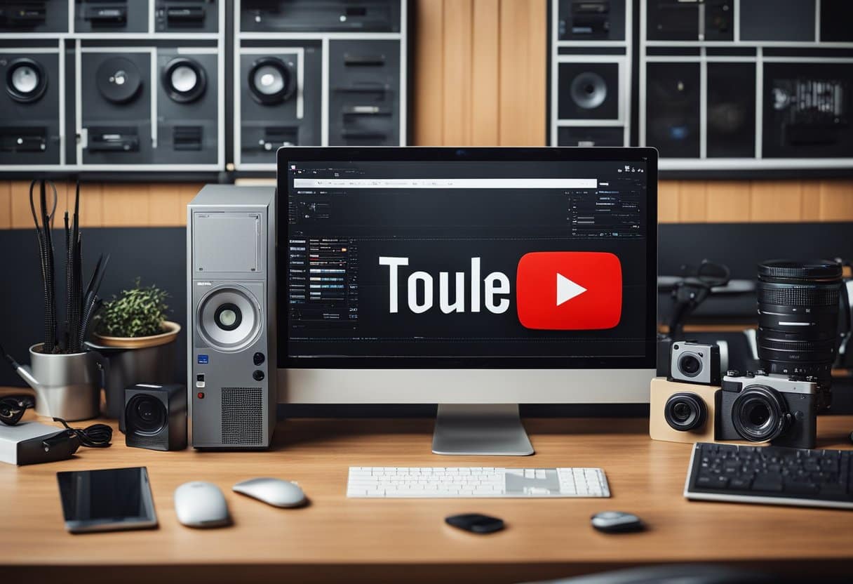 You tube and the creator economy 3 A computer with a YouTube logo on the screen surrounded by various creative tools and symbols of digital content creation