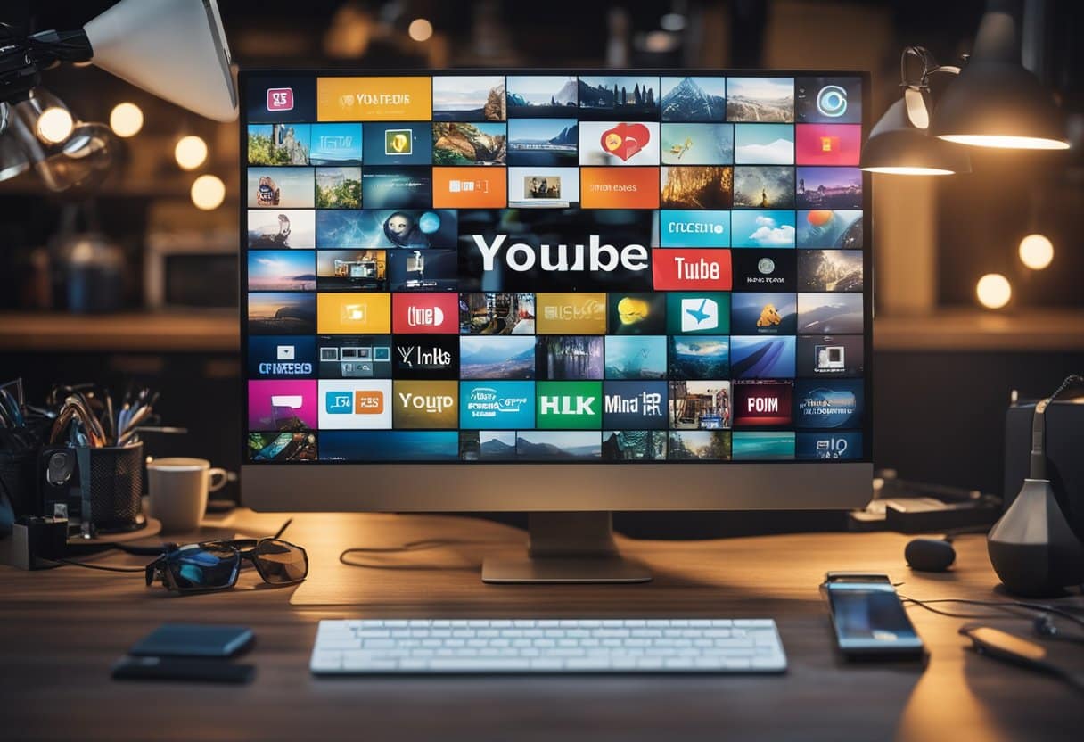 You tube and the creator economy 4 A computer screen displaying a YouTube channel with various digital career topics, surrounded by creative tools and technology