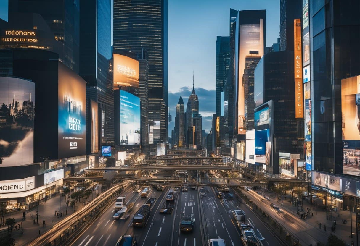 You tube and the creator economy 6 A bustling cityscape with skyscrapers and digital billboards, with a mix of creators filming and editing content, and audiences engaging with various platforms