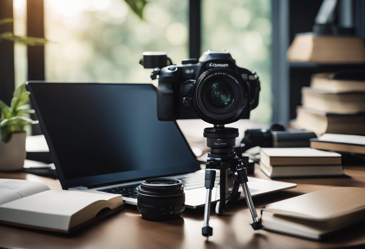 Back to Basics: How to Start a YouTube Channel - Essential Steps for Beginners 5 A laptop open on a desk with a notepad and pen, surrounded by books on content creation and a camera on a tripod
