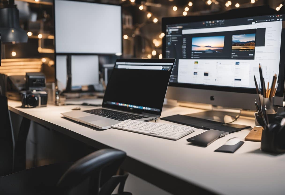 Back to Basics: How to Start a YouTube Channel - Essential Steps for Beginners 3 A blank canvas with a pencil, paintbrush, and a computer, surrounded by branding materials and a YouTube logo