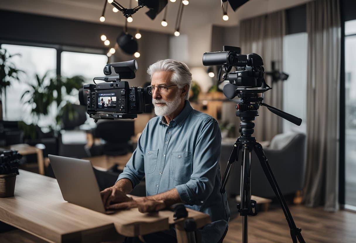 Am I Too Old to Start YouTube? No, it's the Best Time to Begin Over 50! 8 A gray-haired person confidently setting up a YouTube studio with modern equipment and trendy decor