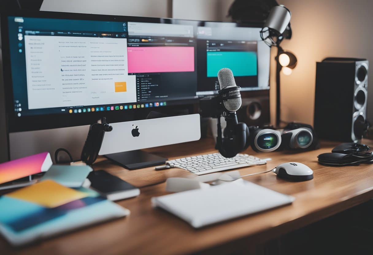 Am I Too Old to Start YouTube? No, it's the Best Time to Begin Over 50! 9 A cozy home office setup with a computer, camera, and microphone, surrounded by inspirational quotes and colorful decor