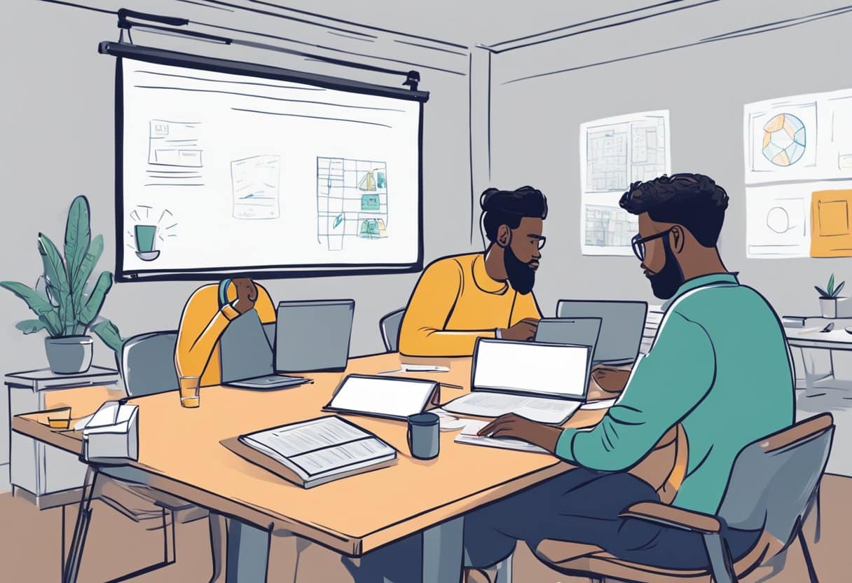 Two creators sit at a table, brainstorming video ideas. A laptop and camera are on the table, while a whiteboard displays a list of potential collaborations