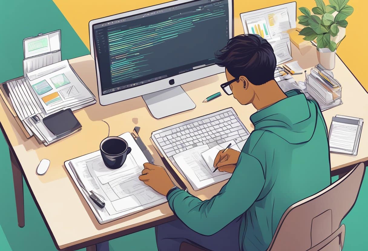 Membership Can Focus on Your Skill Set to Earn You a Healthy Recurring Income: Maximize Your Expertise 3 A person working on various tasks, such as coding, writing, and creating art, with a membership badge displayed prominently