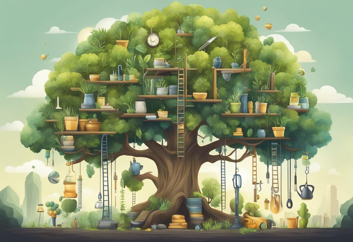 Membership Can Focus on Your Skill Set to Earn You a Healthy Recurring Income: Maximize Your Expertise 4 A tree growing tall and strong, surrounded by various tools and resources, symbolizing personal growth and skill development