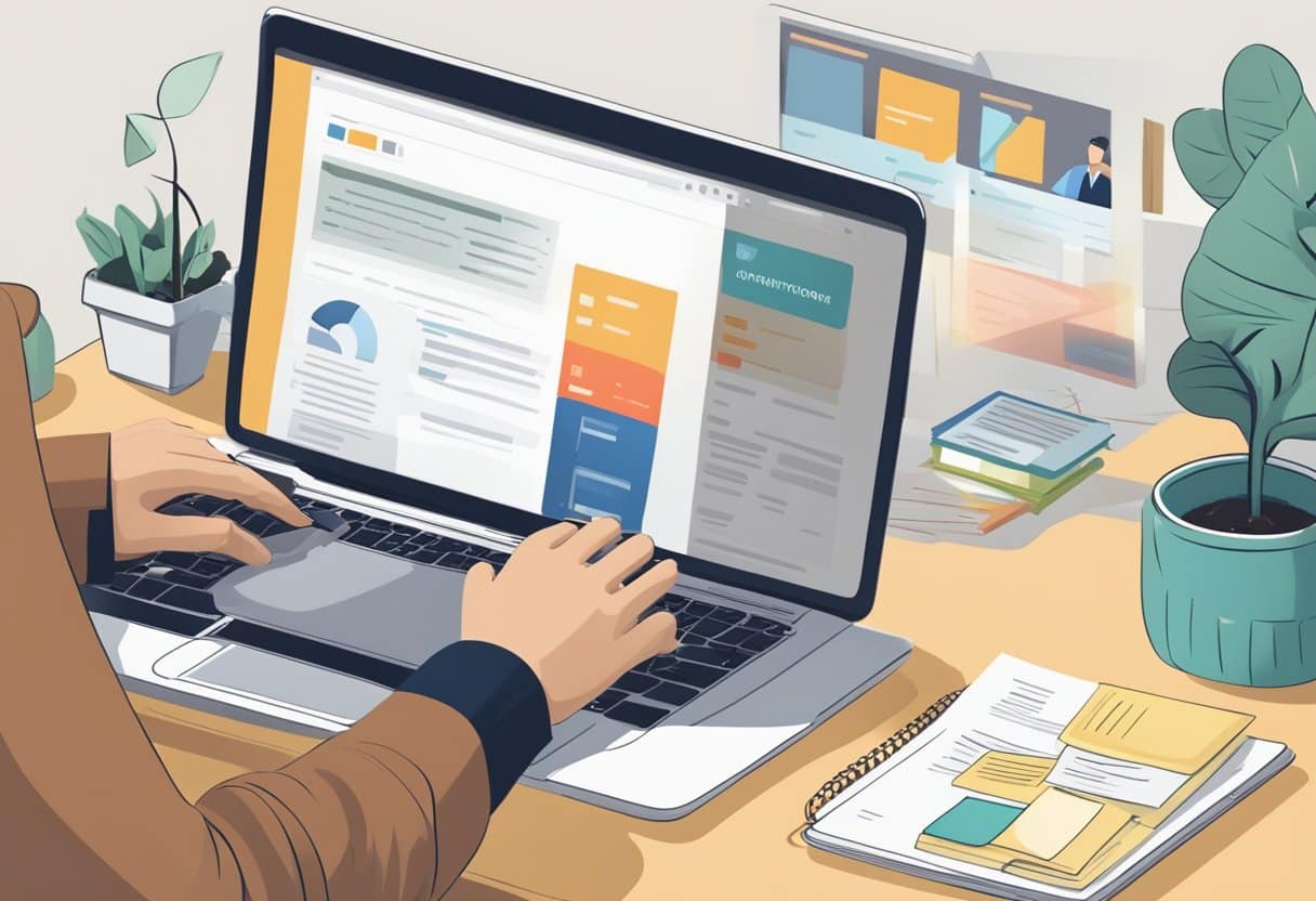 How to Use Keywords for Blog Posts and YouTube Videos: An Optimization Guide 5 A person typing on a laptop with a YouTube homepage open, surrounded by papers with keyword research and a notebook with blog post ideas