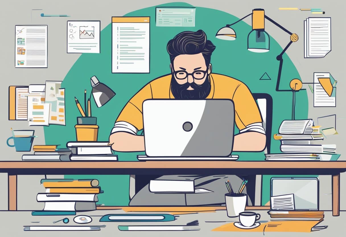 How to Use Keywords for Blog Posts and YouTube Videos: An Optimization Guide 8 A person at a desk with a laptop, surrounded by keyword research tools and notebooks, brainstorming for a blog post or YouTube video