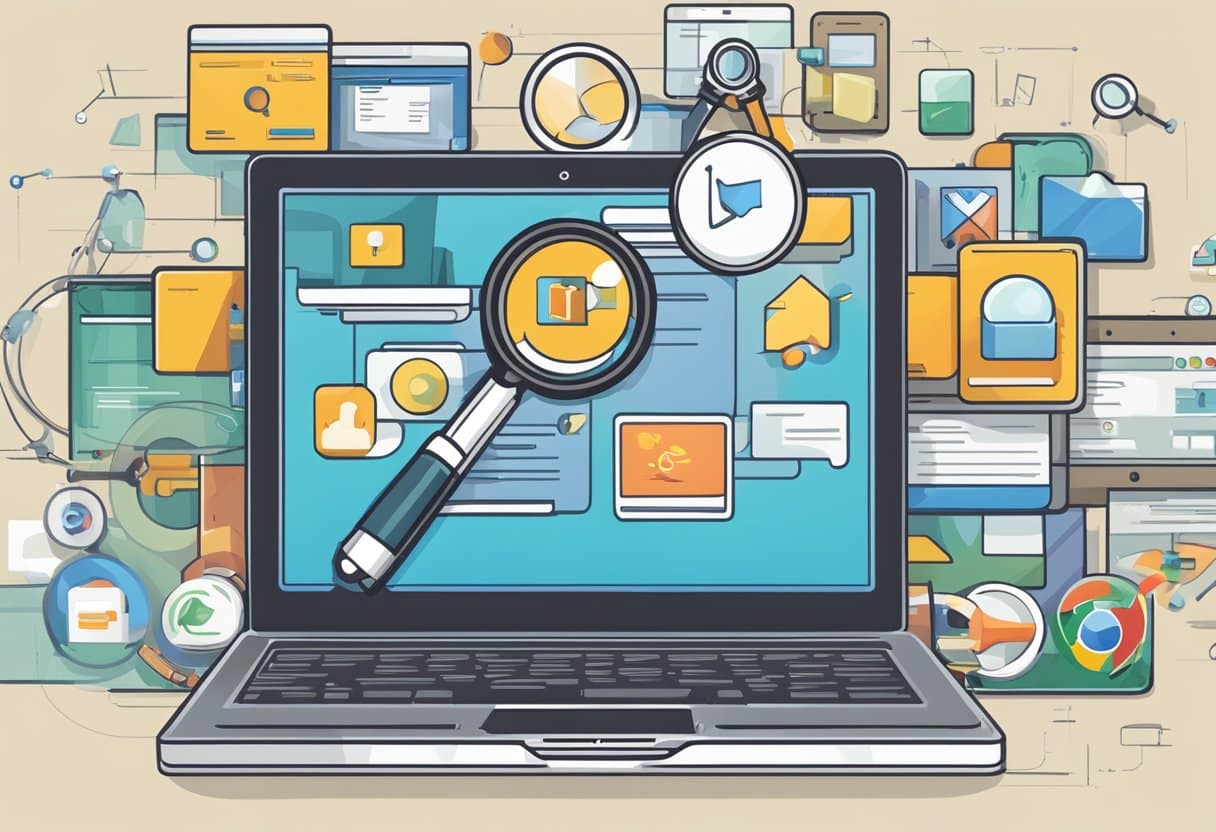 How to Find Help with Your Blog: Securing Expert Assistance 3 A laptop surrounded by various search engine logos with a magnifying glass hovering over them