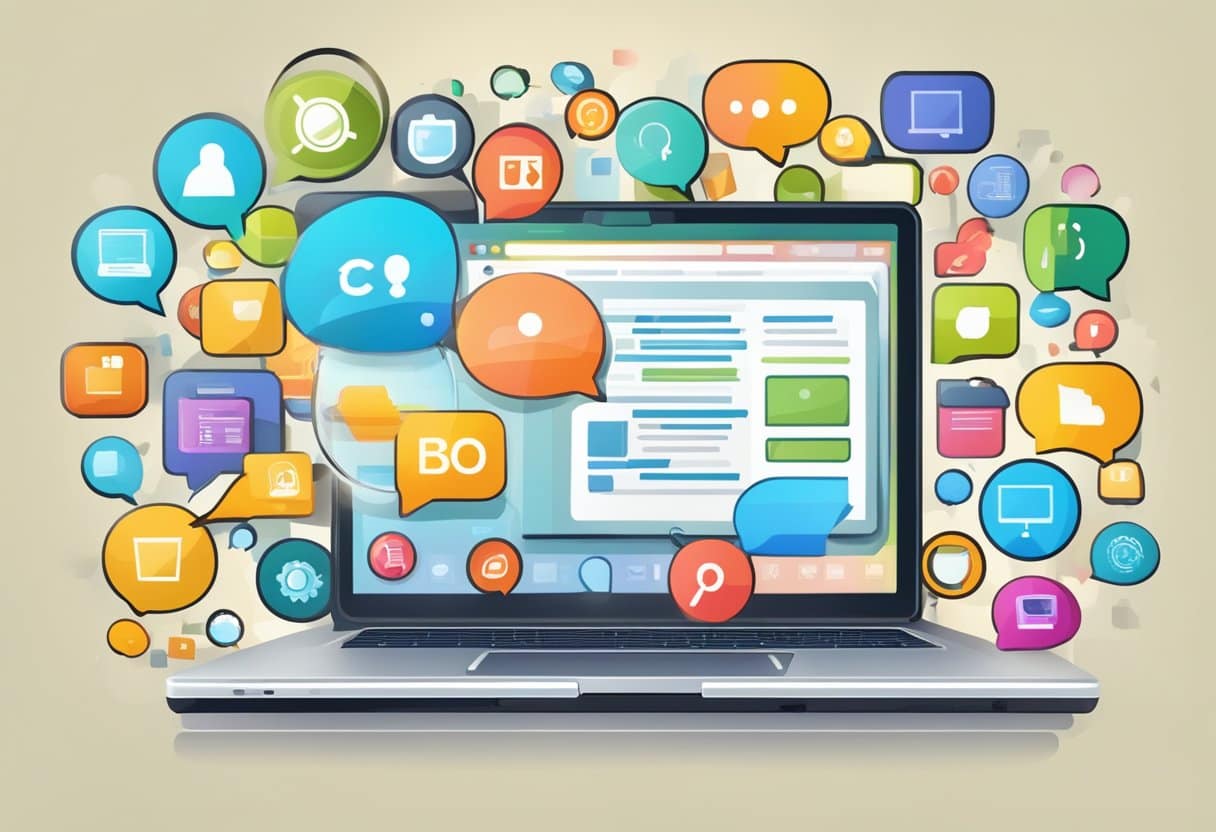 How to Find Help with Your Blog: Securing Expert Assistance 4 A laptop surrounded by colorful icons and a chat bubble, with a magnifying glass searching for "blog help" on the screen